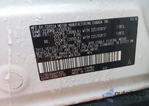 2020 Toyota Rav4 Hybrid Xle z USA, uszkodzony, nr VIN 2T3RWRFV4LW061638